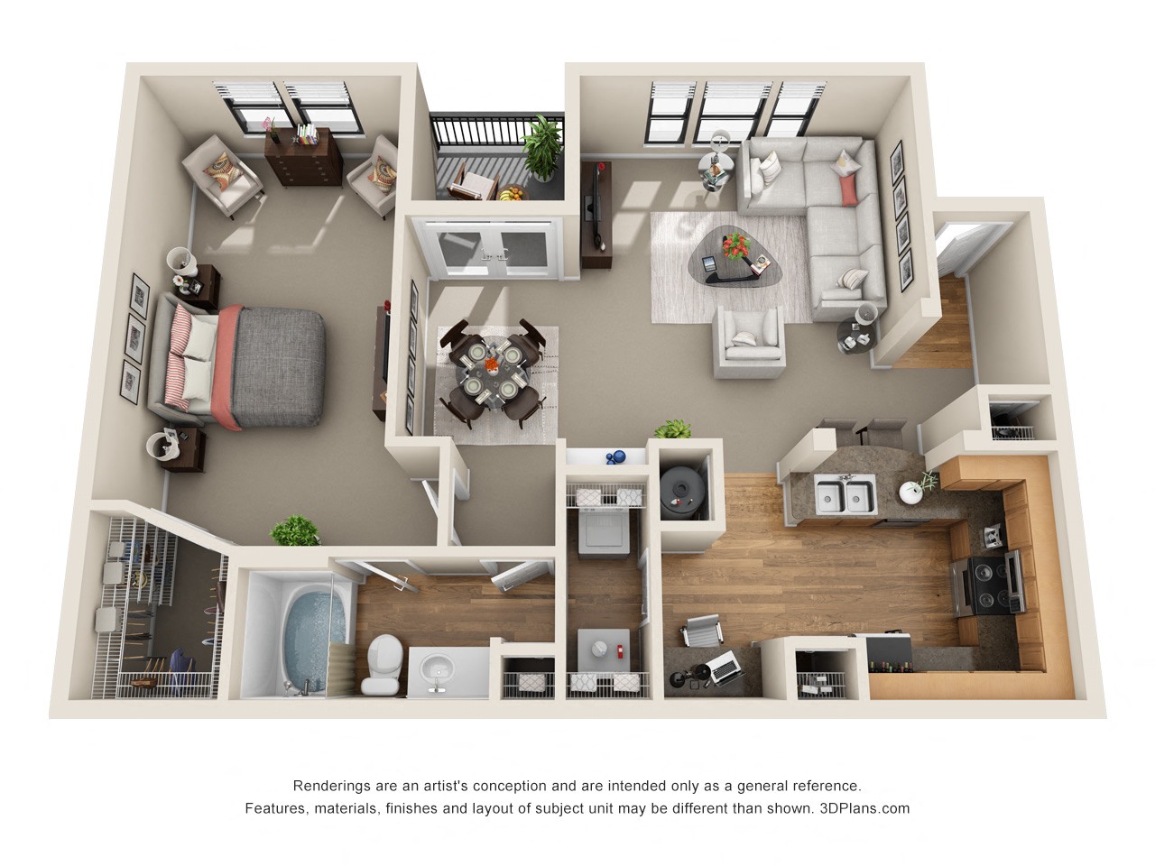 Floor plan for 1 bed, 1 bath, 1007 sqft